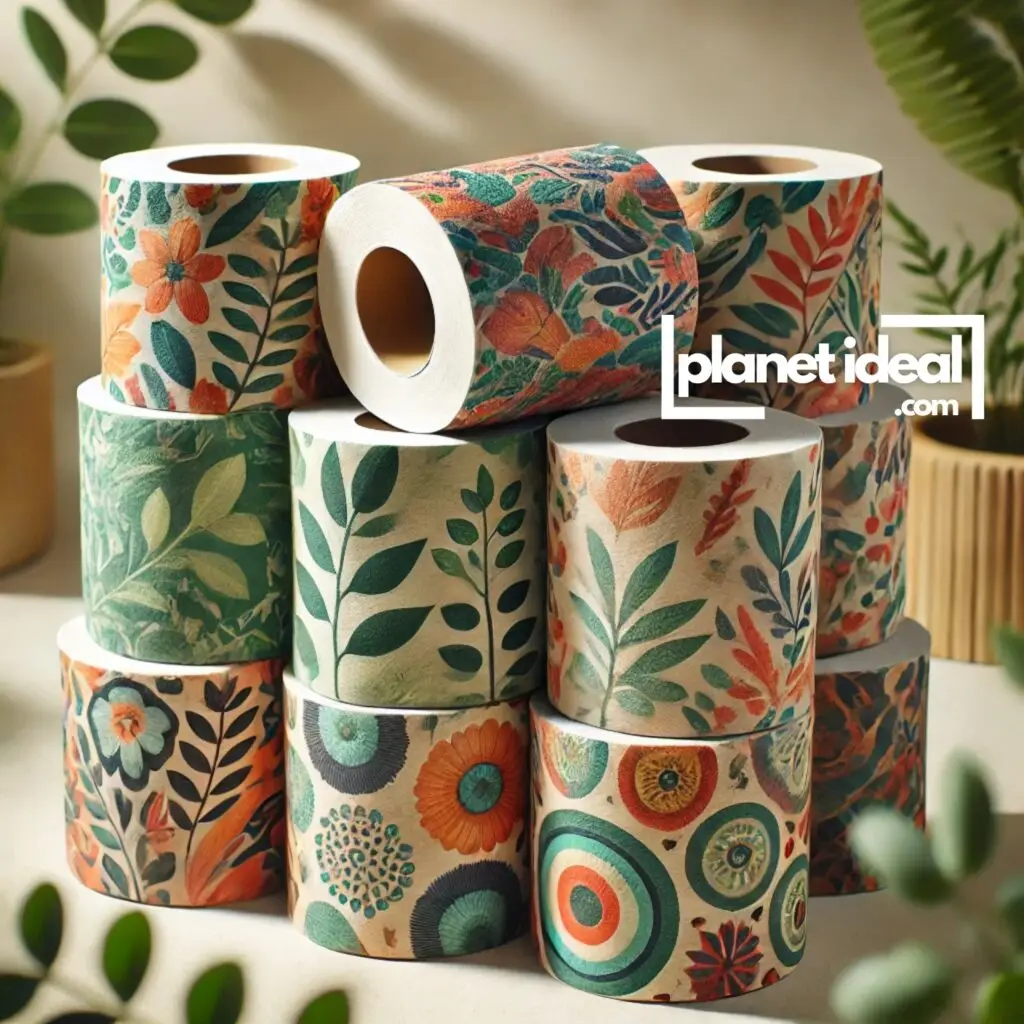 A stack of biodegradable toilet paper rolls wrapped in colorful, recycled paper.