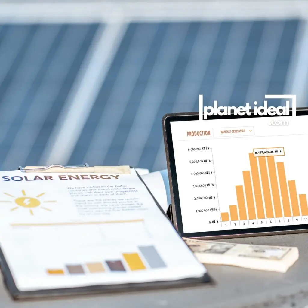 A tablet screen displaying a solar energy dashboard, showing energy production and battery levels.