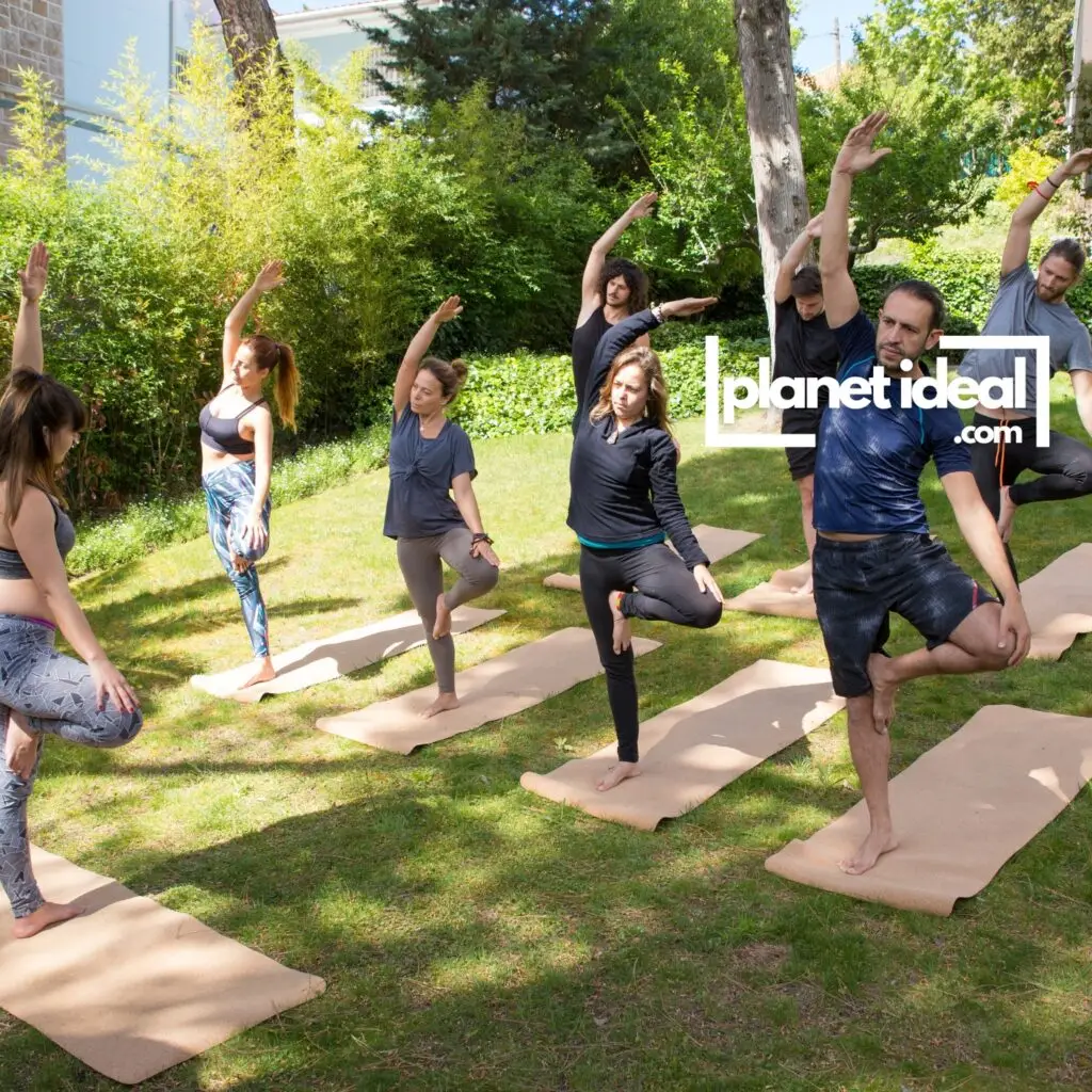 A yoga setup with an eco-friendly yoga mat and natural surroundings