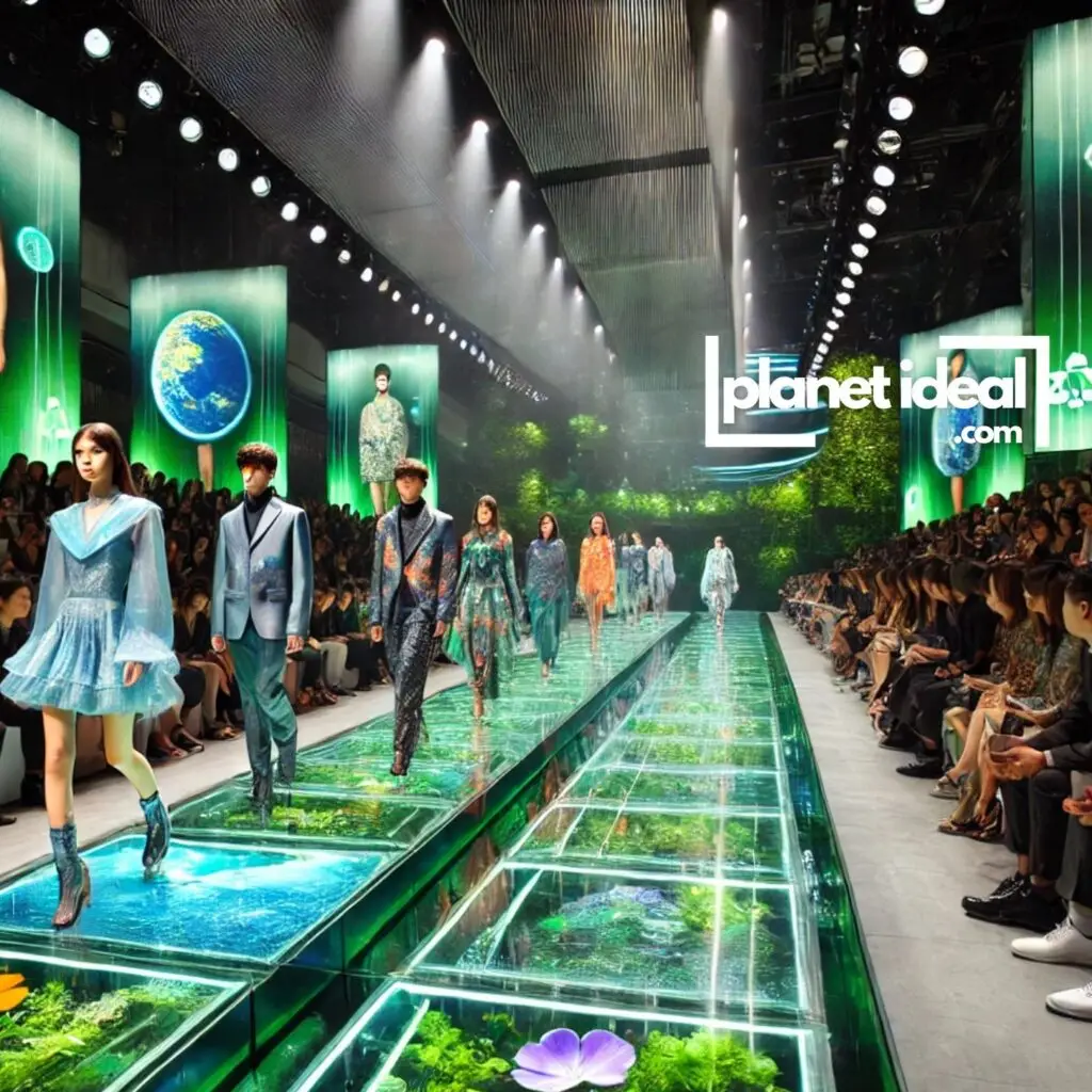 A futuristic runway show featuring eco-friendly designs, blending innovation with sustainability.