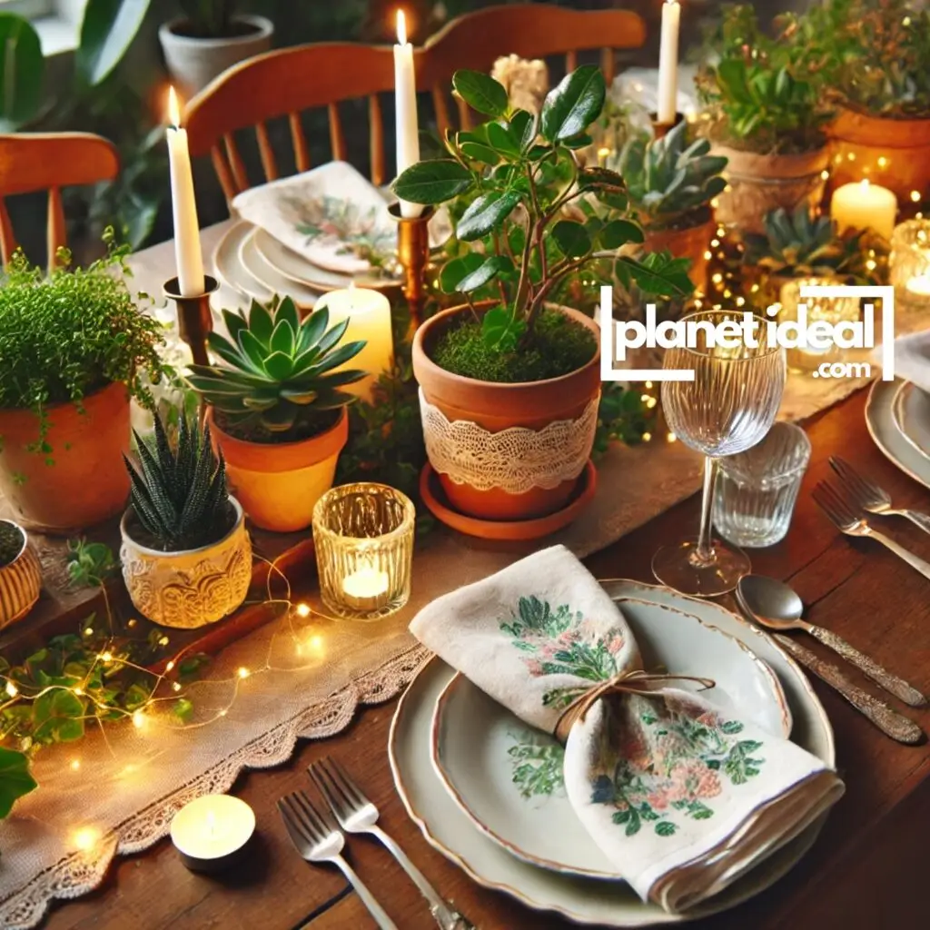 a beautifully set table adorned with lush potted plants as centerpieces, surrounded by softly glowing candles and twinkling fairy lights