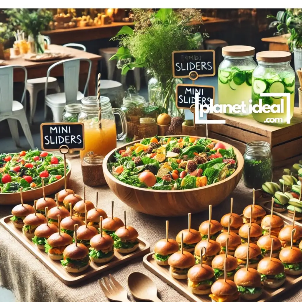 a buffet table adorned with reusable dishes and colorful seasonal foods