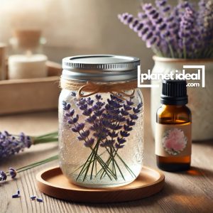 A mason jar air freshener with lavender sprigs and essential oils displayed beside it.