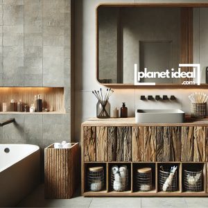 A rustic bathroom vanity featuring a vintage mirror and upcycled jars for storage.