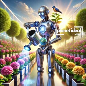 A smiling robot holding a watering can, sprinkling water on a row of blooming flowers