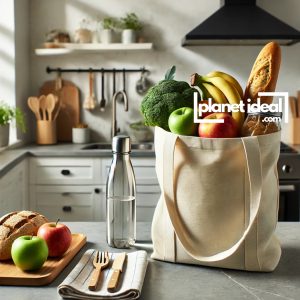 A tote bag filled with groceries, a reusable water bottle, and a bamboo cutlery set on a kitchen counter.
