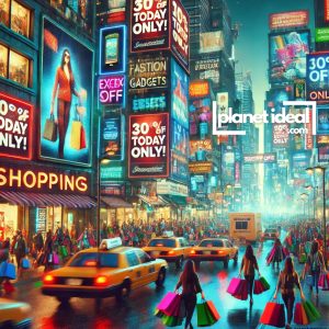 Bustling cityscape, vibrant with massive digital billboards advertising the latest gadgets, fashion trends, and fast-food chains.